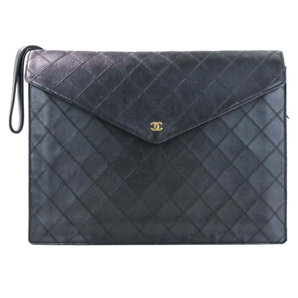 CHANEL Black Quilted Leather Wristlet Clutch with Gold CC